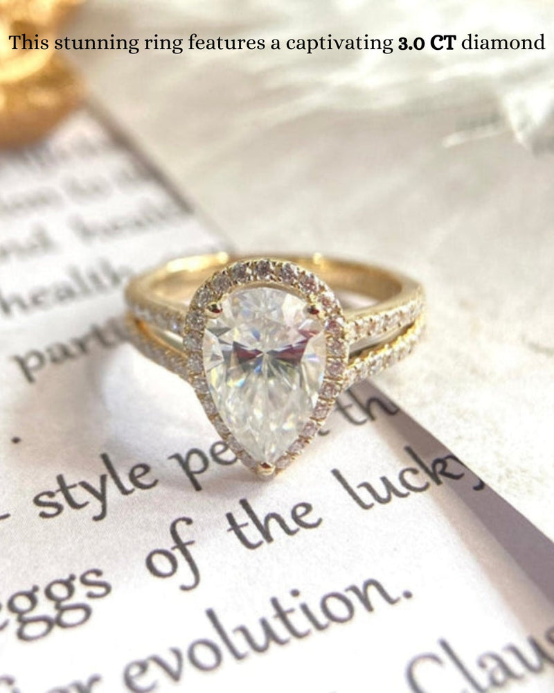 1.0 - 3.0 CT Pear CVD Diamond Halo Cathedral Setting Engagement Ring