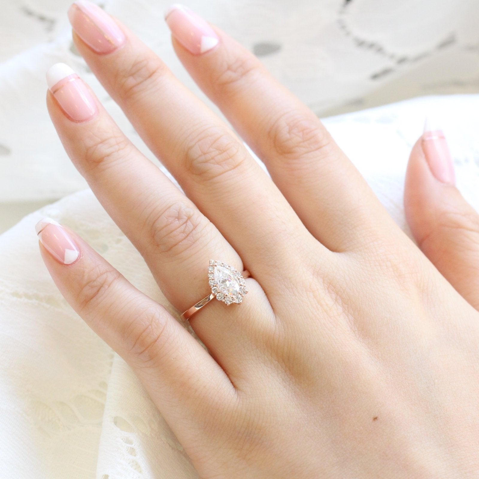 1.0CT Pear Cut Halo Style Moissanite Engagement Ring