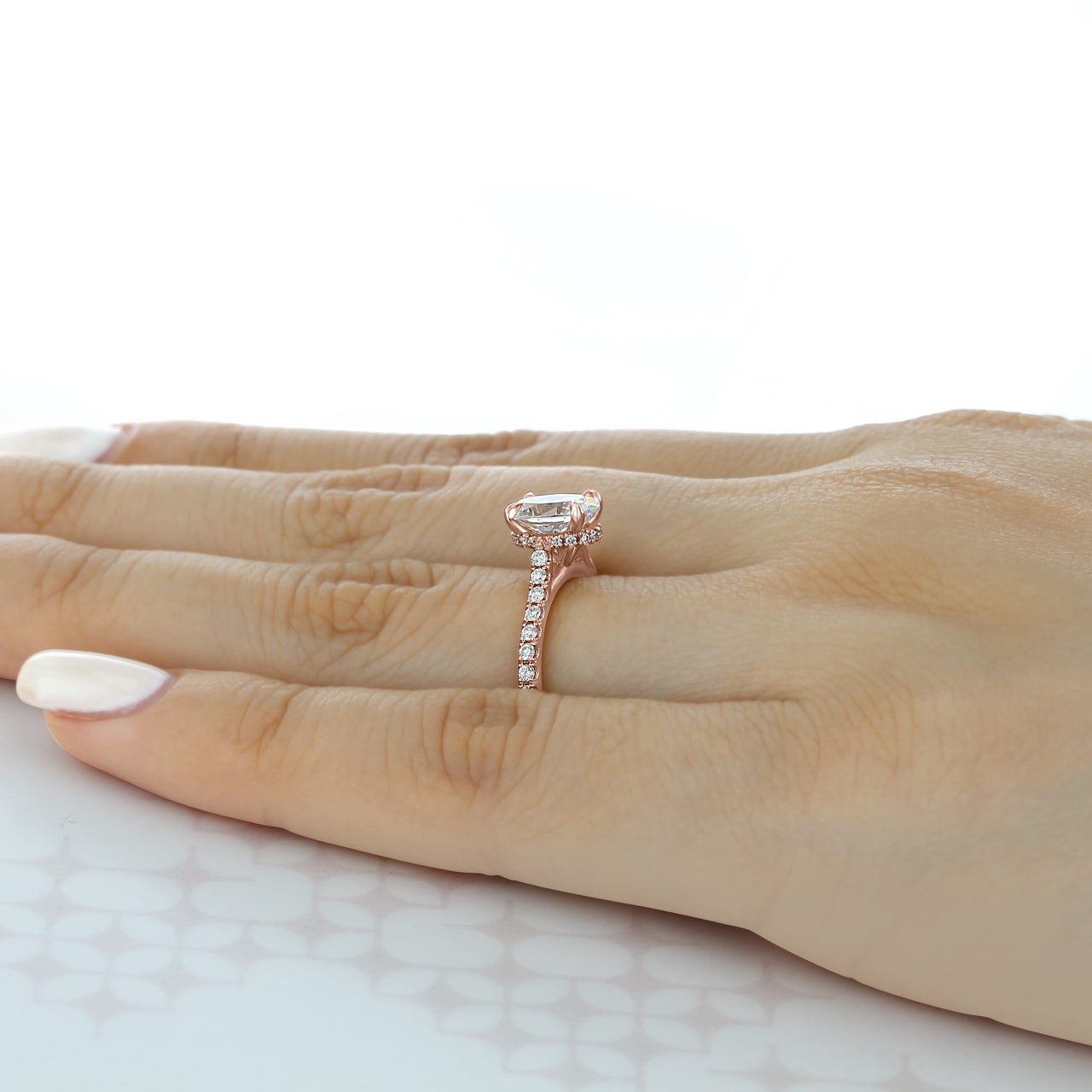 1.33CT Oval Cut Hidden Halo Moissanite Engagement Ring in 18K Rose Gold