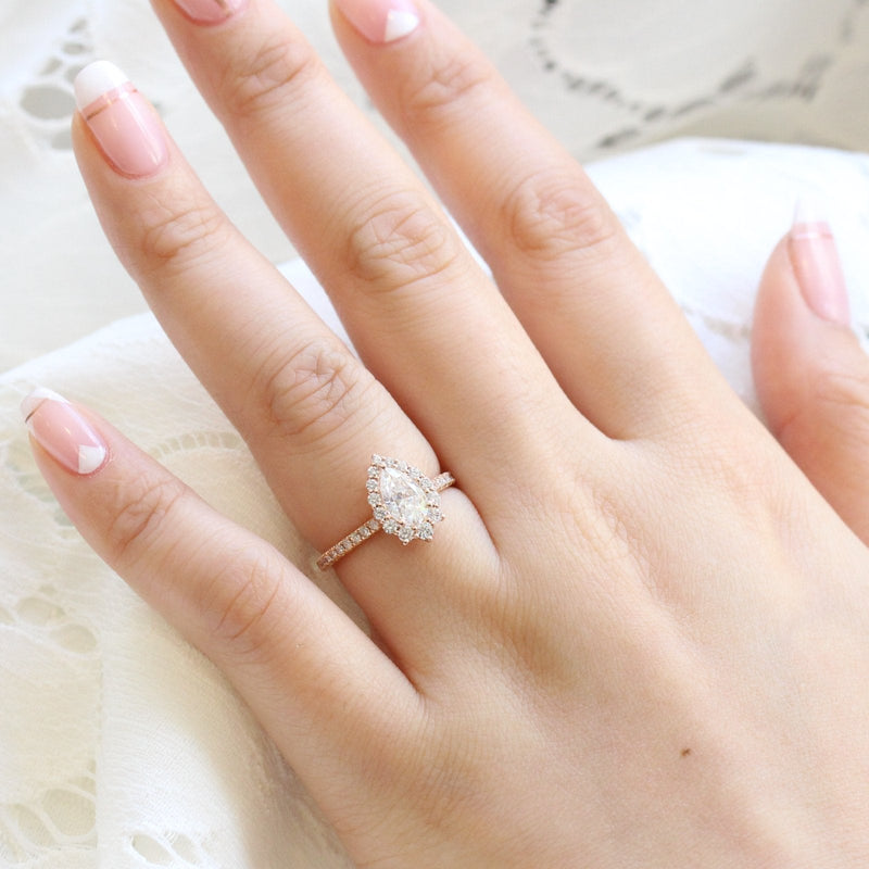 1.0CT Pear Halo Style Pave Setting Moissanite Engagement Ring