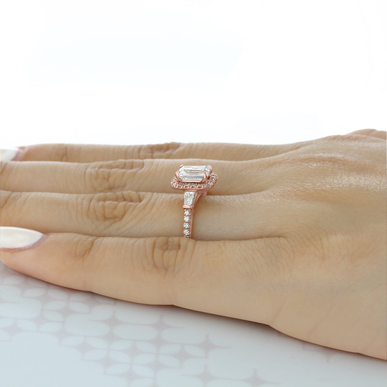 1.60ct Emerald Cut Moissanite Halo 4 Prong Engagement Ring