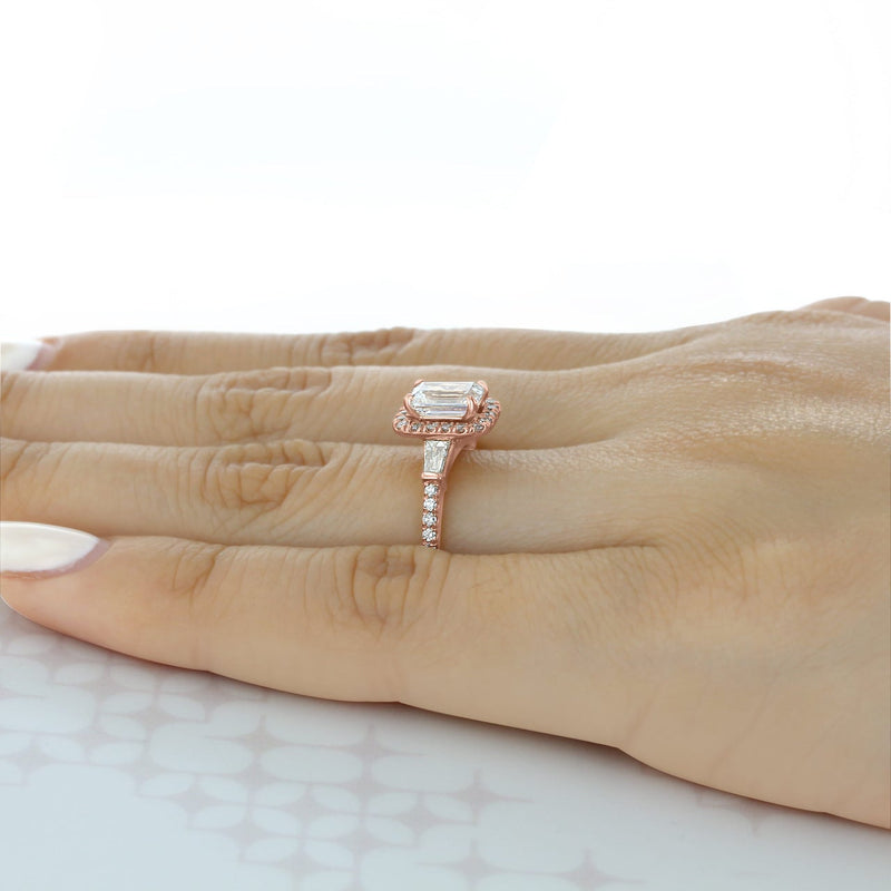 1.60ct Emerald Cut Moissanite Halo 4 Prong Engagement Ring