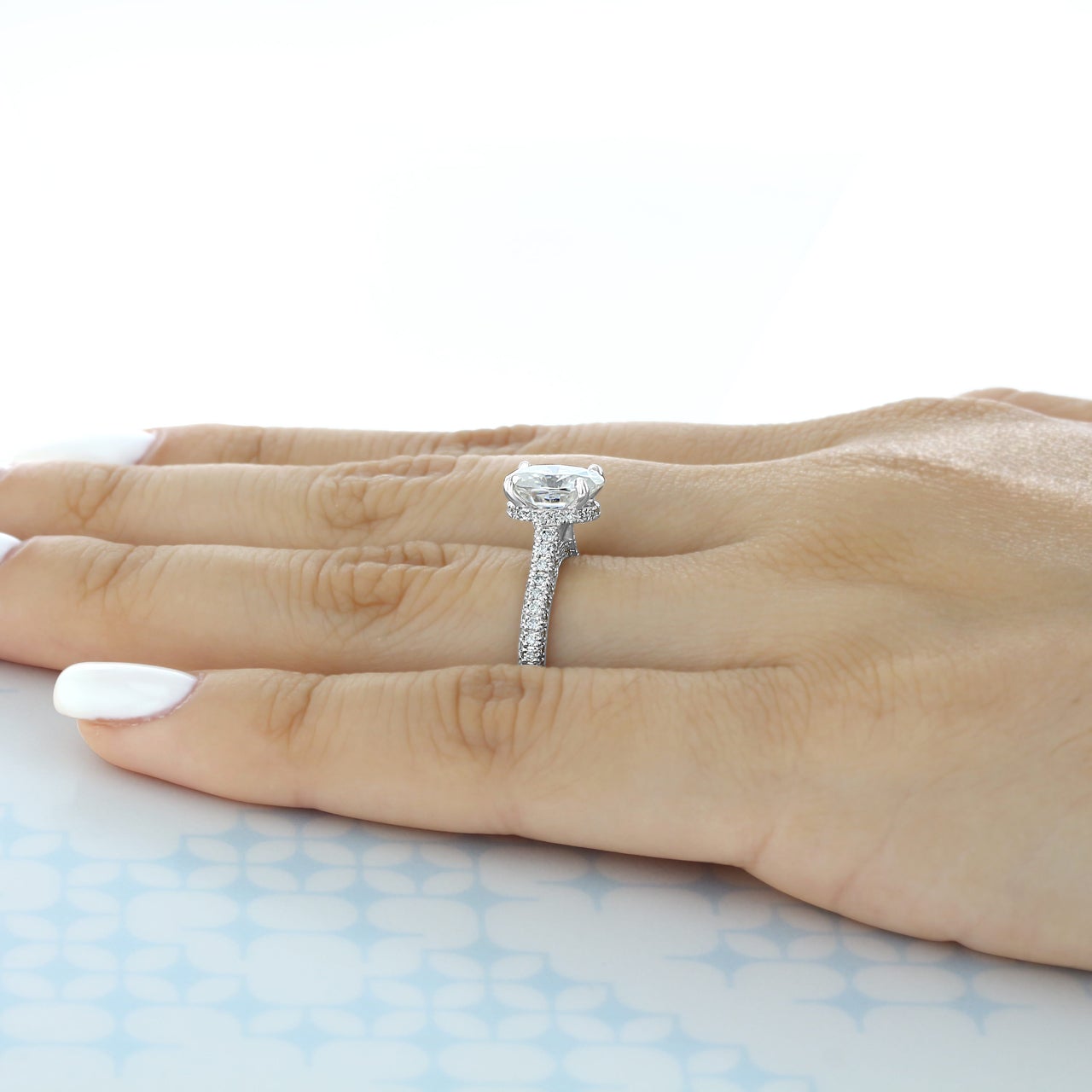 1.93ct Oval Cut Moissanite Hidden Halo 4 Prong Engagement Ring