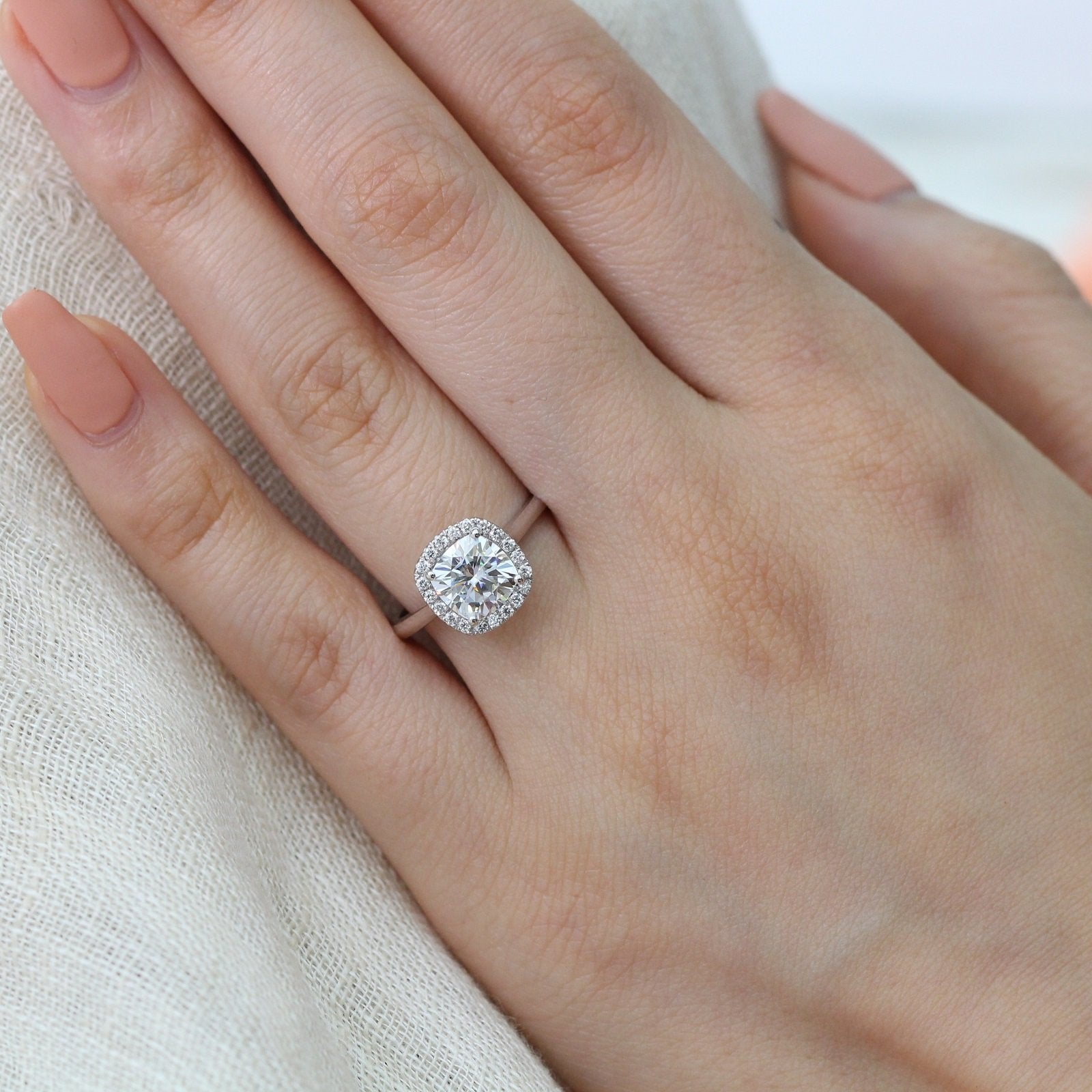 1.65CT Cushion Cut Moissanite Halo Engagement Ring