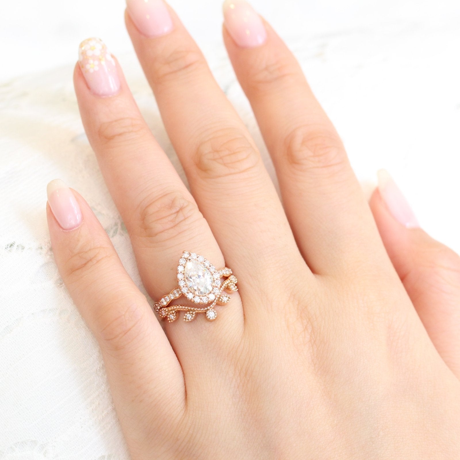 1.50CT Pear Cut Moissanite Halo Bridal Ring Set