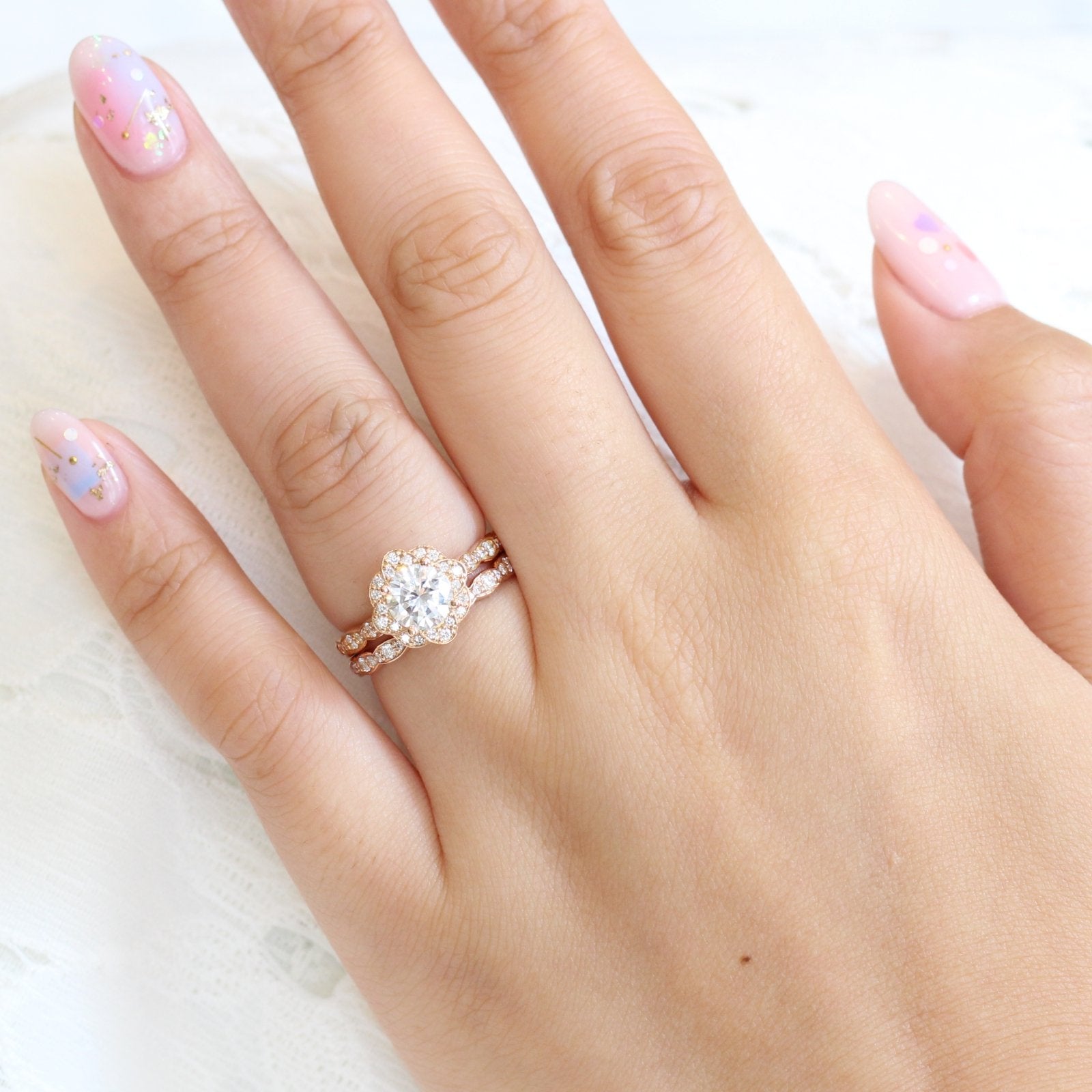 1.0CT Round Cut Moissanite Halo Bridal Ring Set