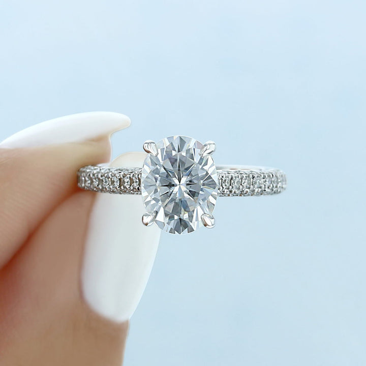 2.38 CT Oval Moissanite Hidden Halo Triple Pave Setting Engagement Ring
