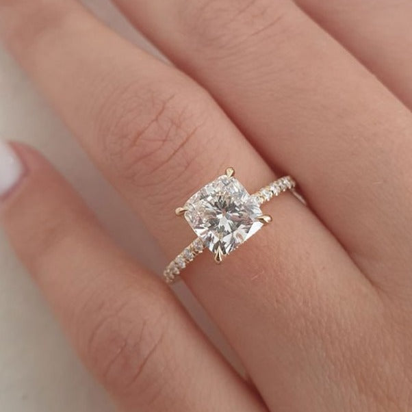 2.0ct Cushion Moissanite Hidden Halo Pave Setting Engagement Ring