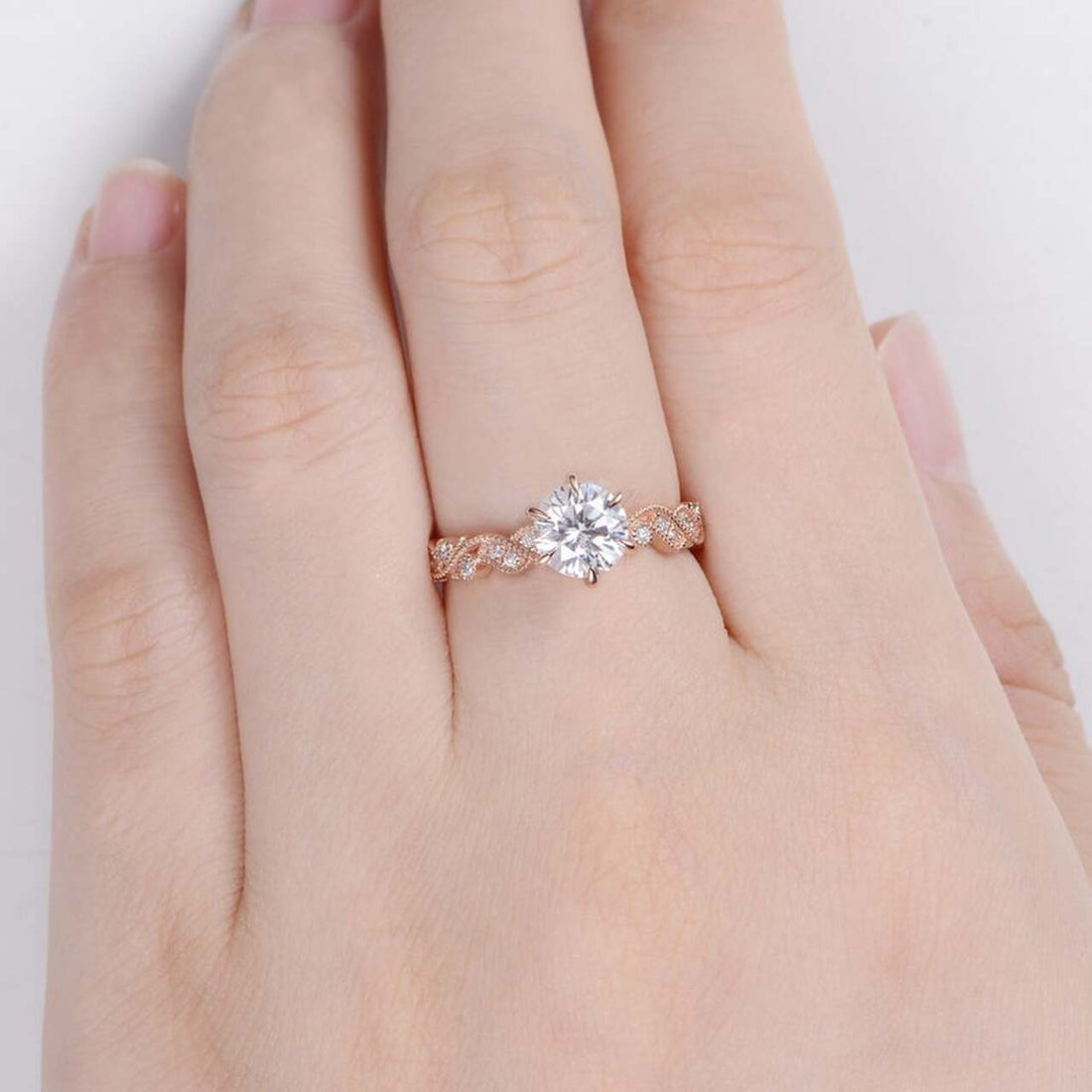 1.0CT Round Cut Art Deco Pave Style Moissanite Engagement Ring