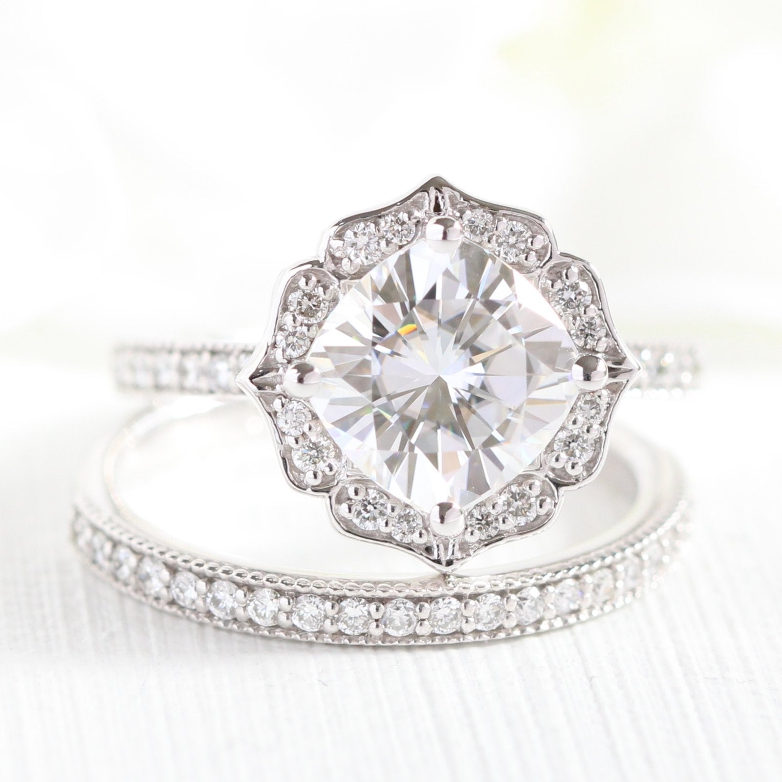 2.30CT Cushion Moissanite Vintage Halo Bridal Ring Set