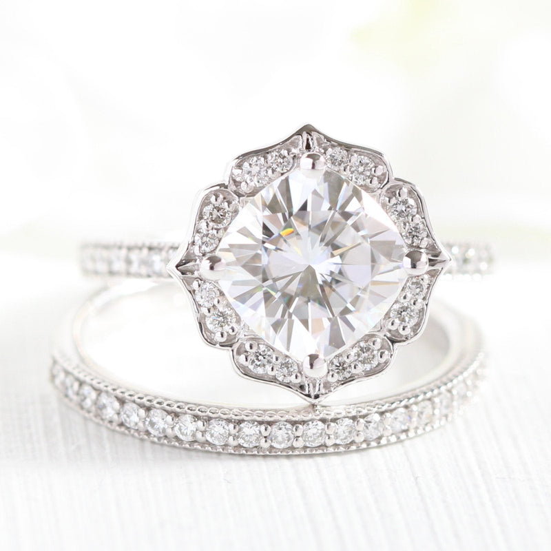 2.30CT Cushion Moissanite Vintage Halo Bridal Ring Set