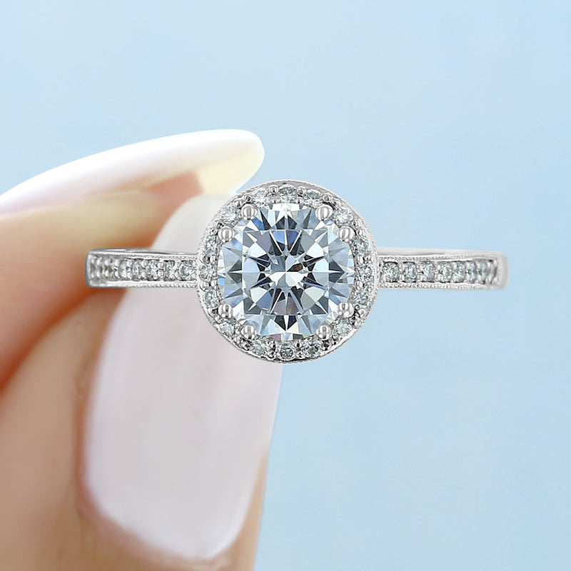 1.35CT Round Cut Halo Moissanite Engagement Ring in 18K White Gold