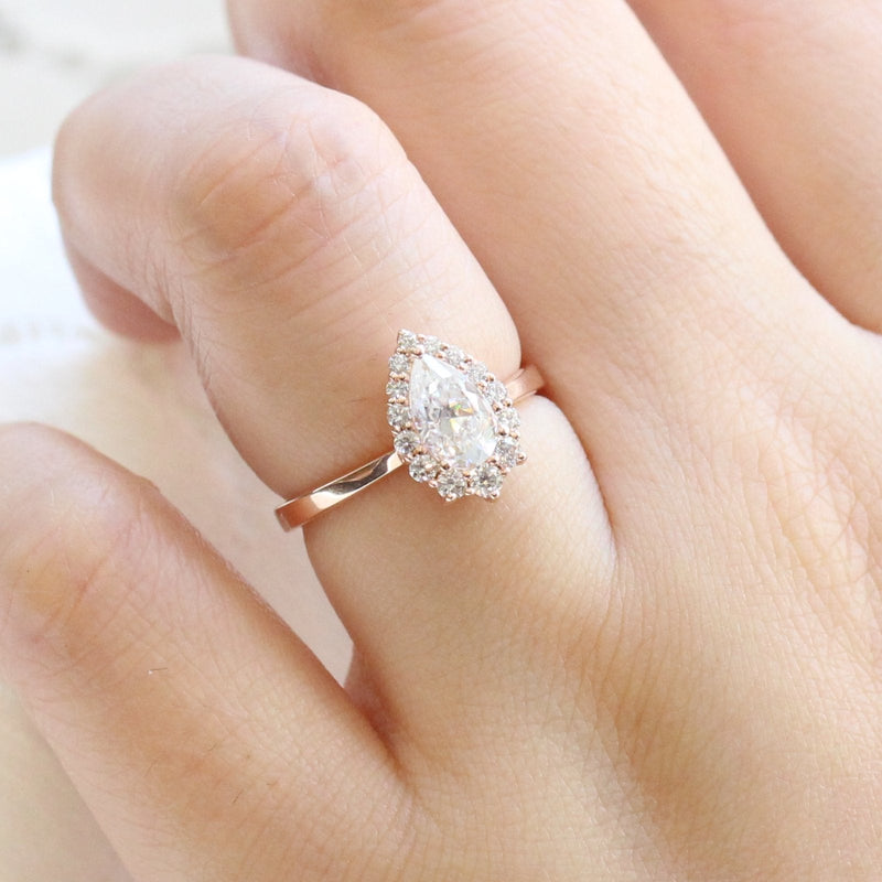 1.0CT Pear Cut Halo Style Moissanite Engagement Ring