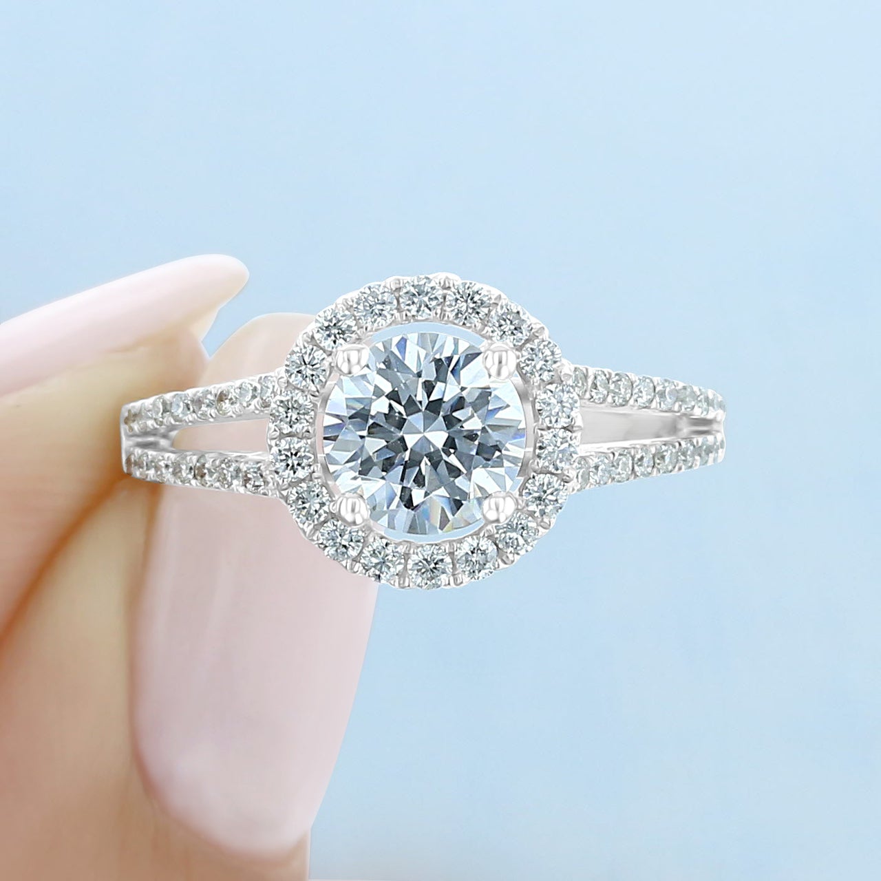 1.0ct Round Cut Halo Split Shank Style Moissanite Engagement Ring