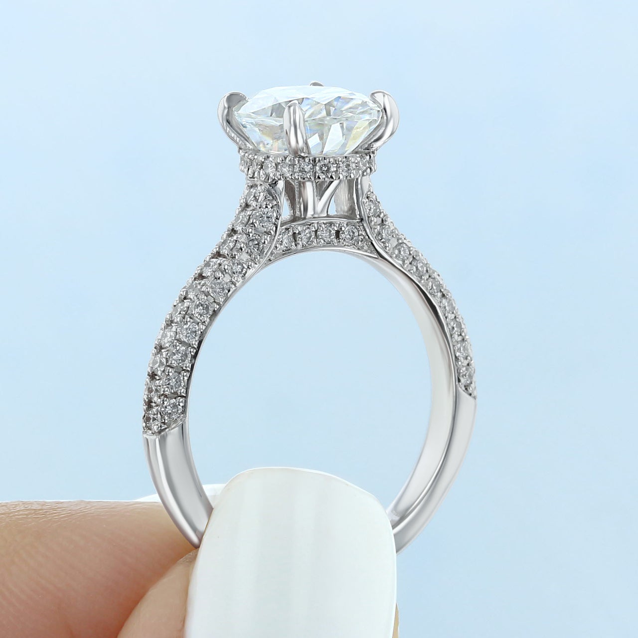 2.38 CT Oval Moissanite Hidden Halo Triple Pave Setting Engagement Ring