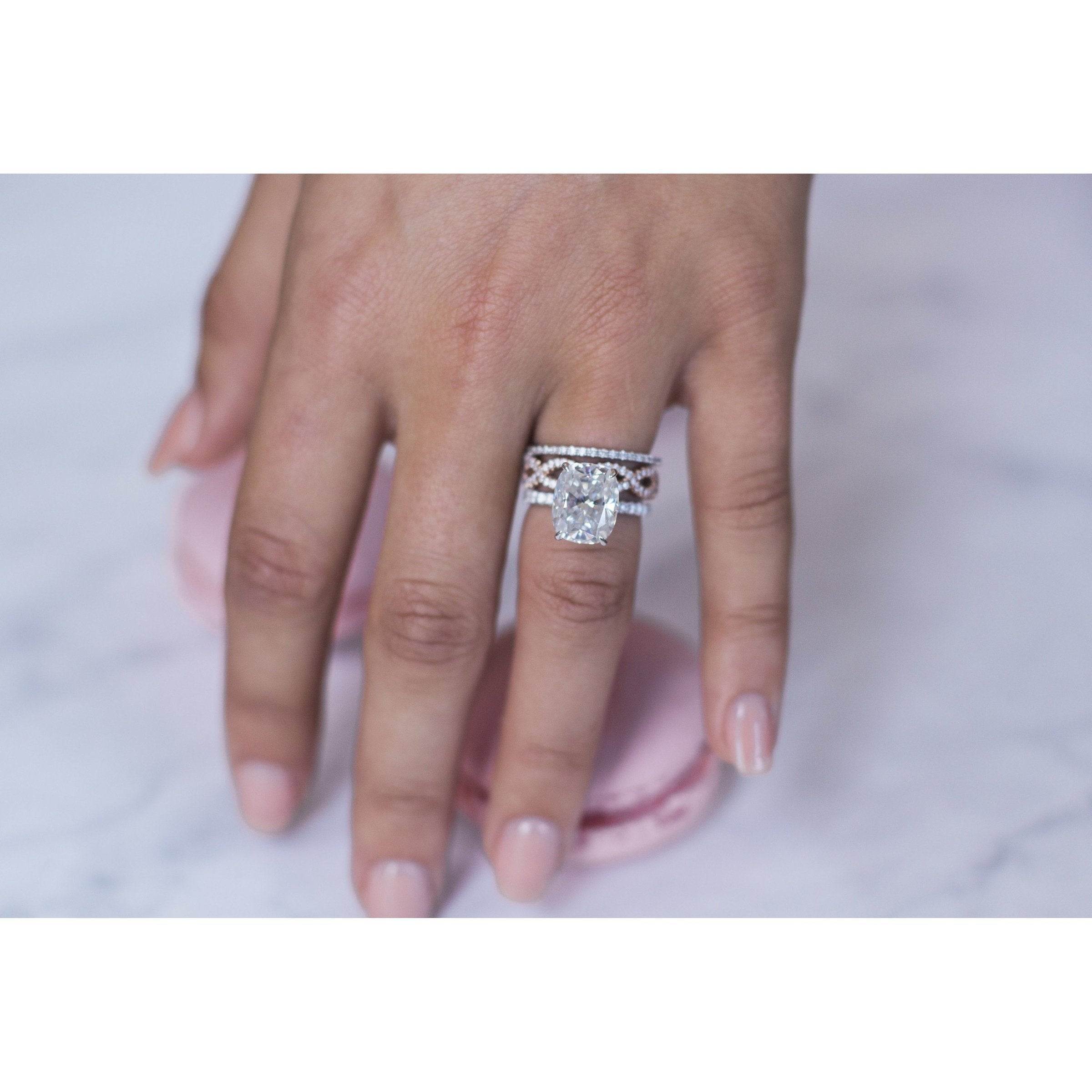 5.0CT Elongated Cushion Moissanite Hidden Halo Pave Setting Diamond Engagement Ring