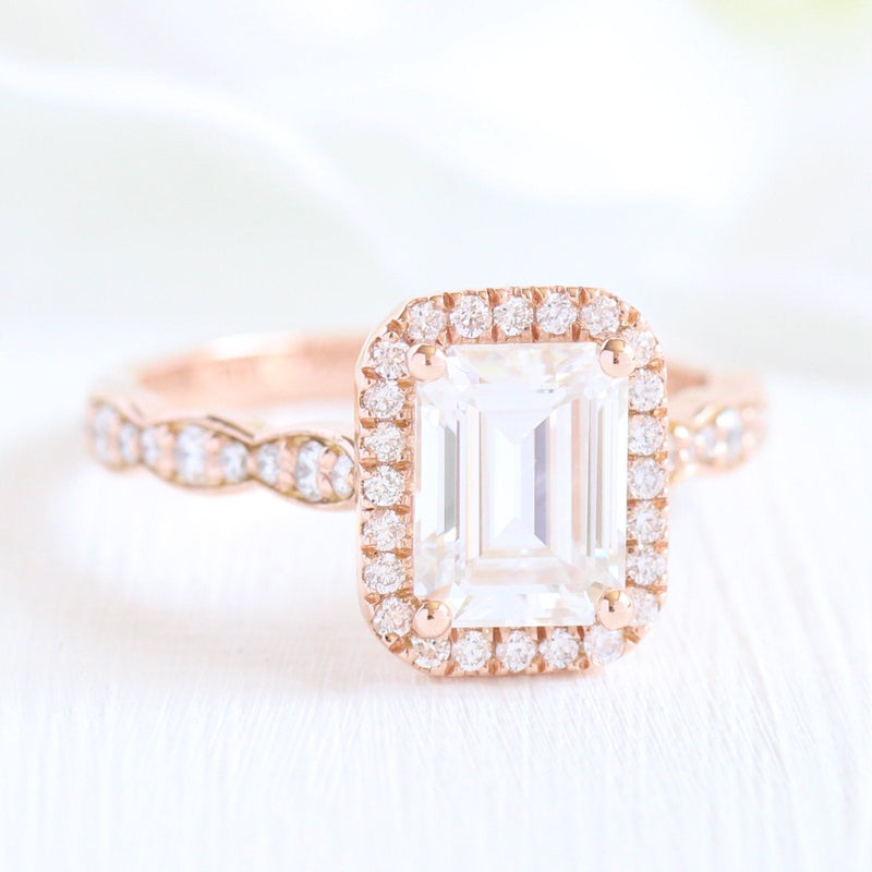 1.60CT Emerald Cut Moissanite Halo Bridal Ring Set
