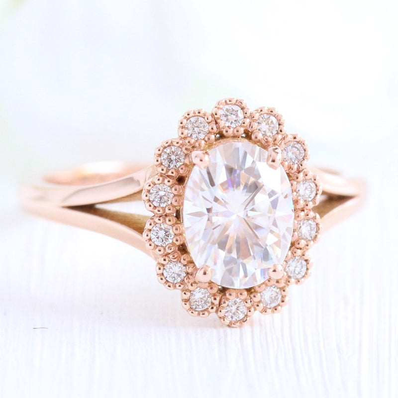 1.50CT Oval Cut Moissanite Halo Split Shank Style Engagement Ring