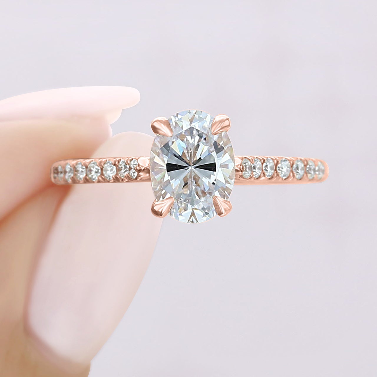 1.33CT Oval Cut Hidden Halo Moissanite Engagement Ring in 18K Rose Gold