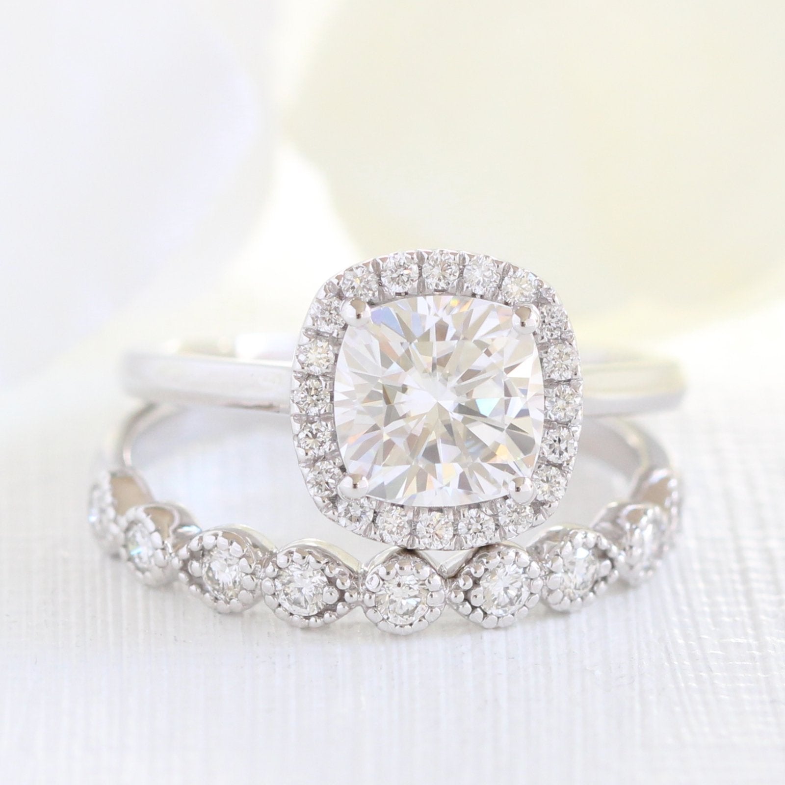 2.30CT Cushion Cut Moissanite Halo Bridal Ring Set