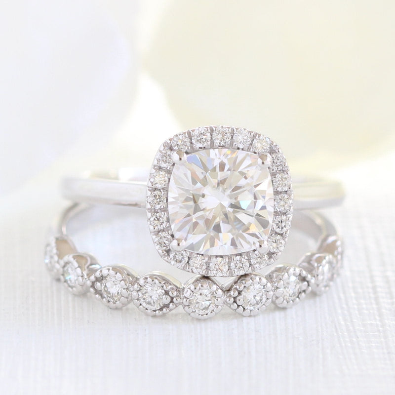 2.30CT Cushion Cut Moissanite Halo Bridal Ring Set