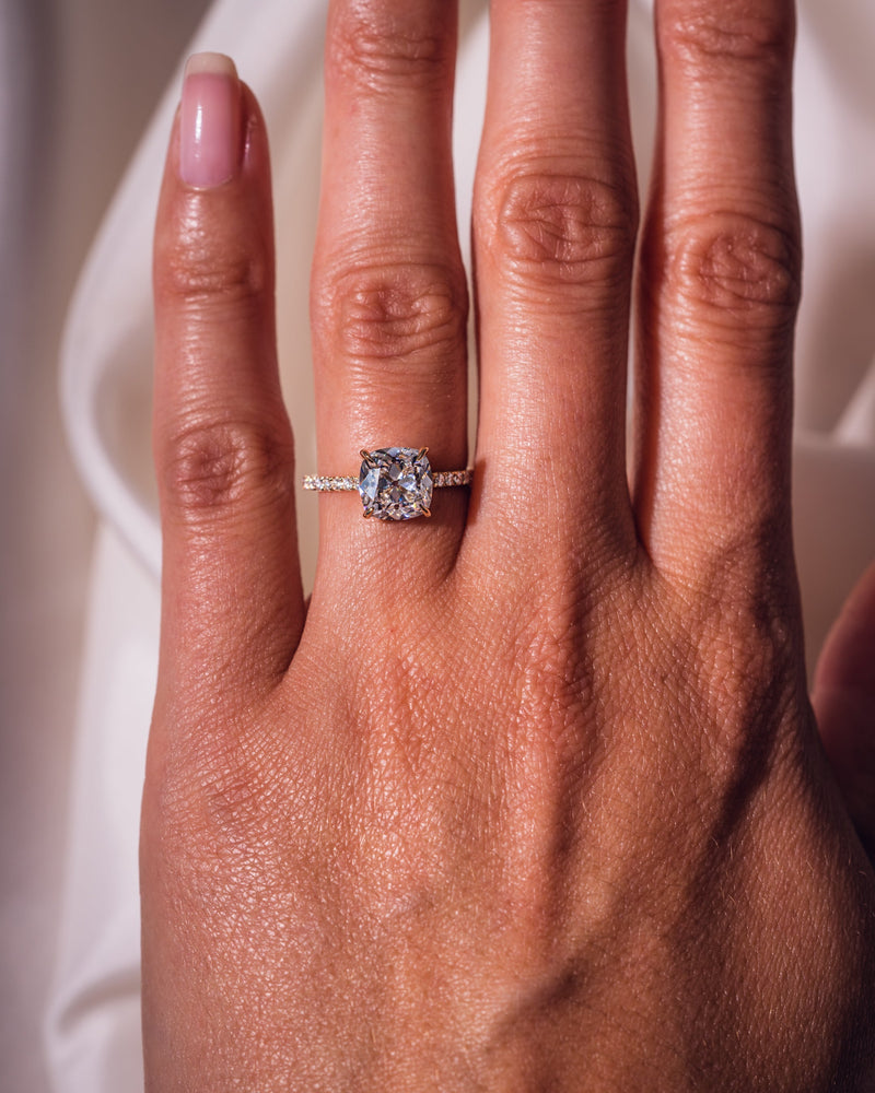 1.74-3.74 CT Cushion  CVD Diamond Hidden Halo Pave Setting Engagement Ring