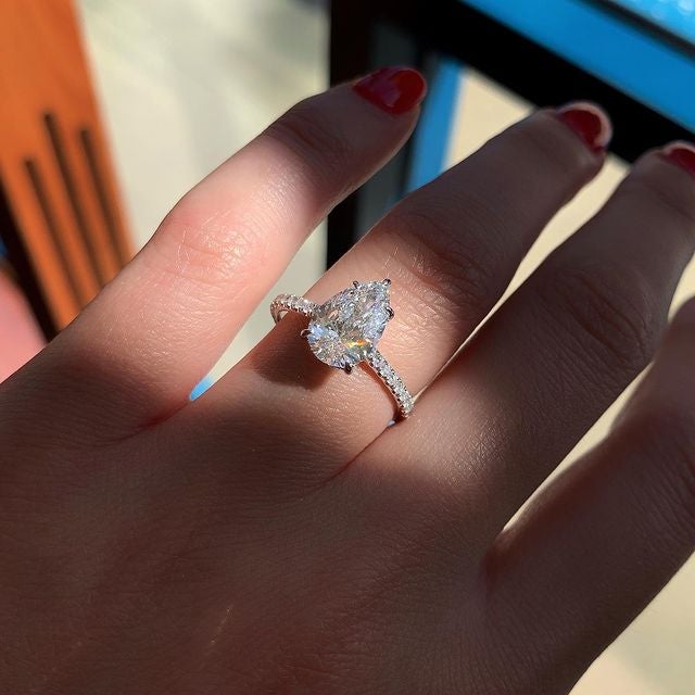 1.50 - 3.50 CT Pear Cut Moissanite Hidden Halo 5 Prongs Engagement Ring