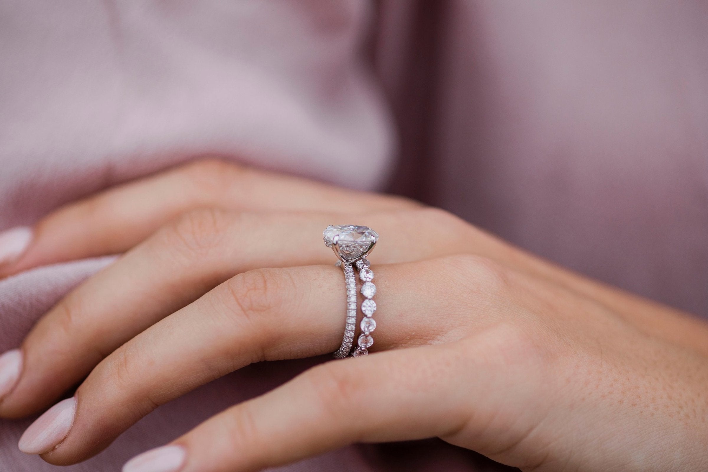 3.0CT Oval Moissanite Hidden Halo Triple Pave Engagement Ring