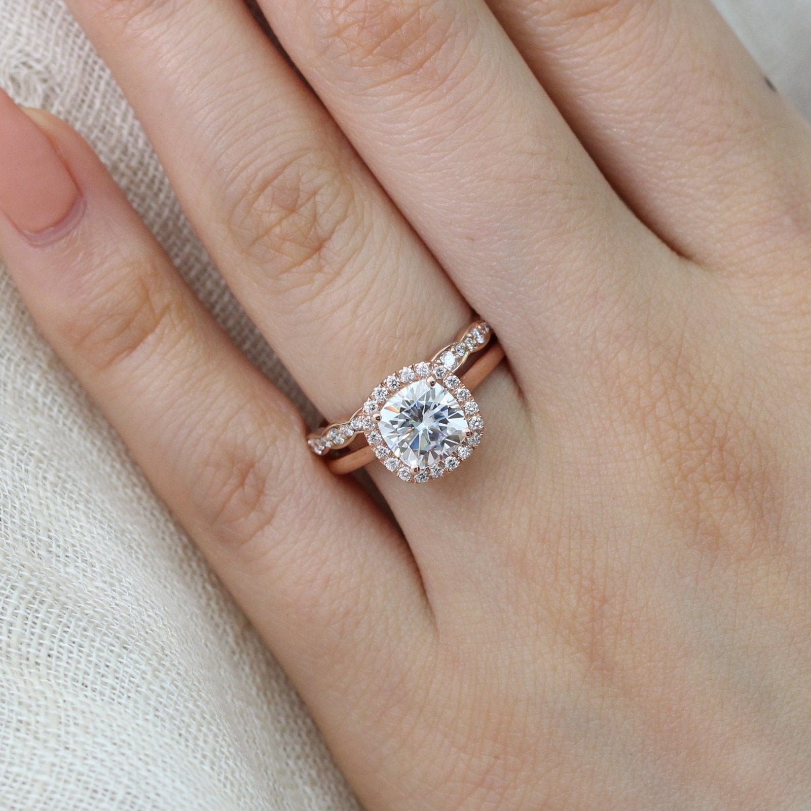 1.65CT Cushion Cut Moissanite Halo Bridal Ring Set