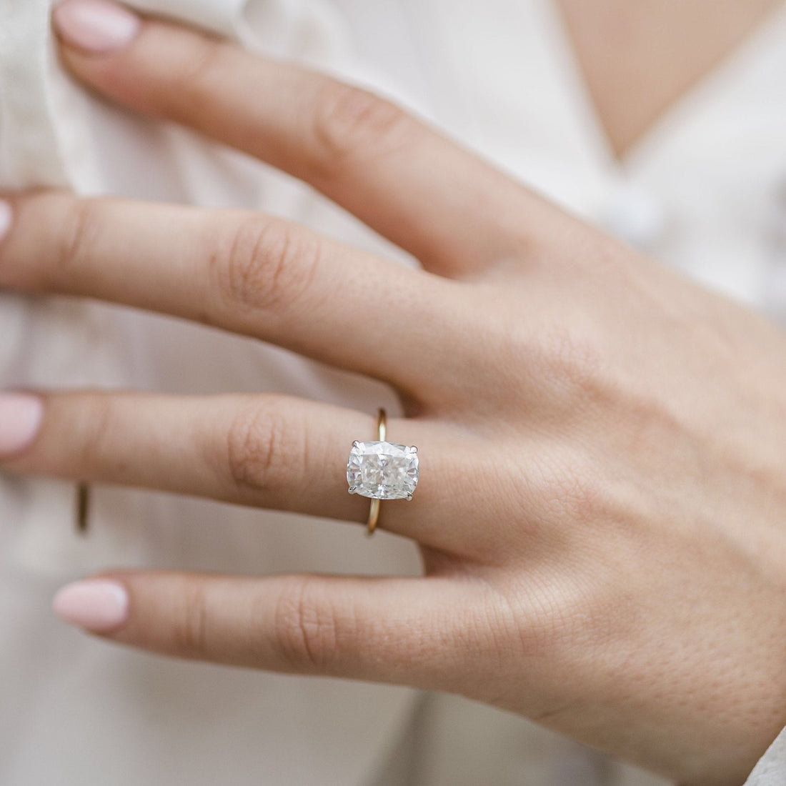 3.20CT Elongated Cushion Moissanite Solitaire Hidden Halo Setting Engagement Ring