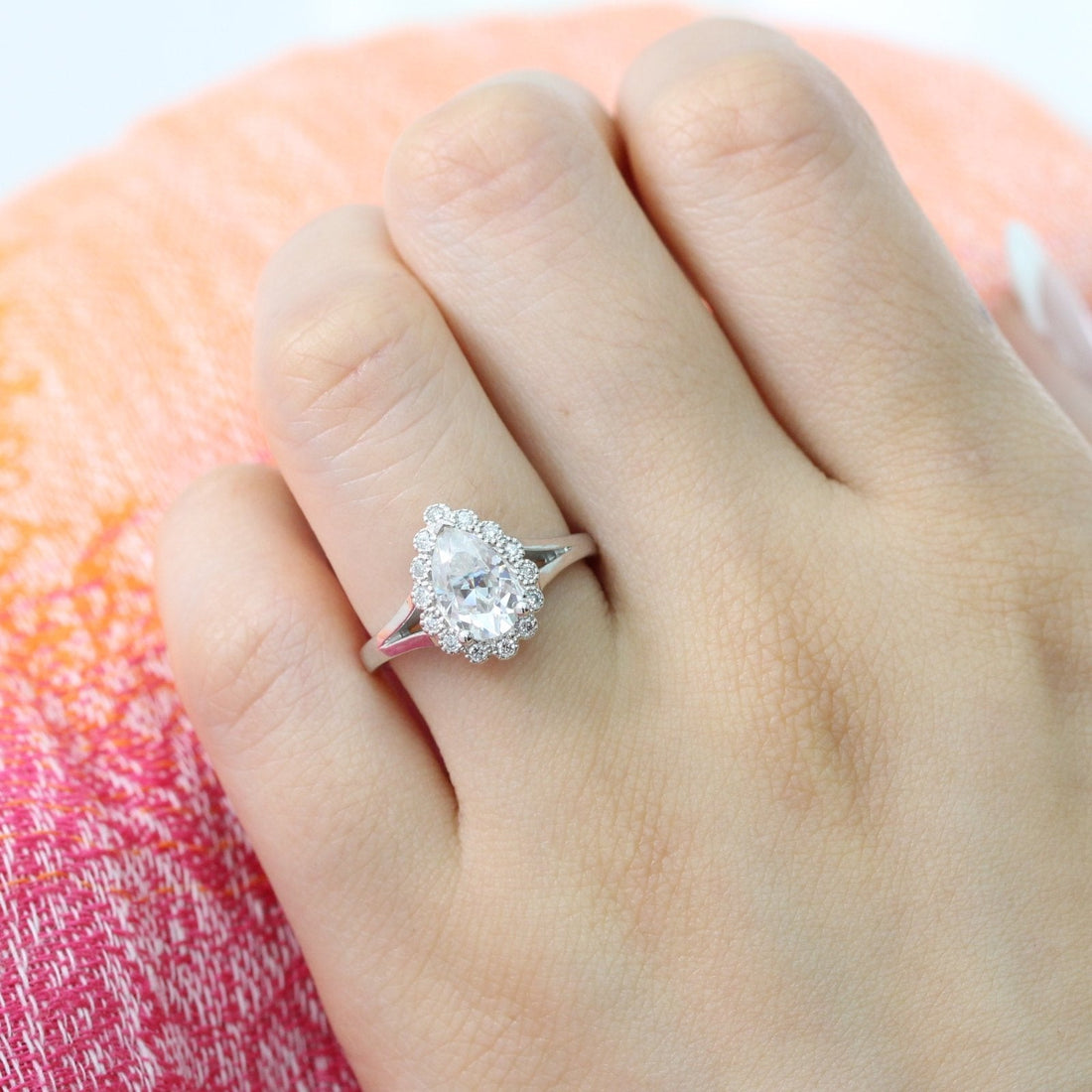 1.50CT Pear Cut Moissanite Halo Split Shank Style Engagement Ring