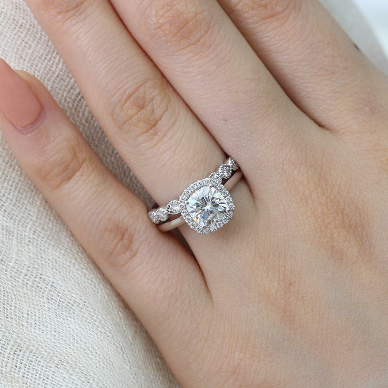 2.30CT Cushion Cut Moissanite Halo Bridal Ring Set