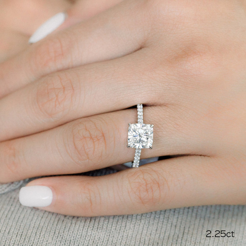 2.25CT Cushion Moissanite Solitaire Pave Setting Engagement Ring