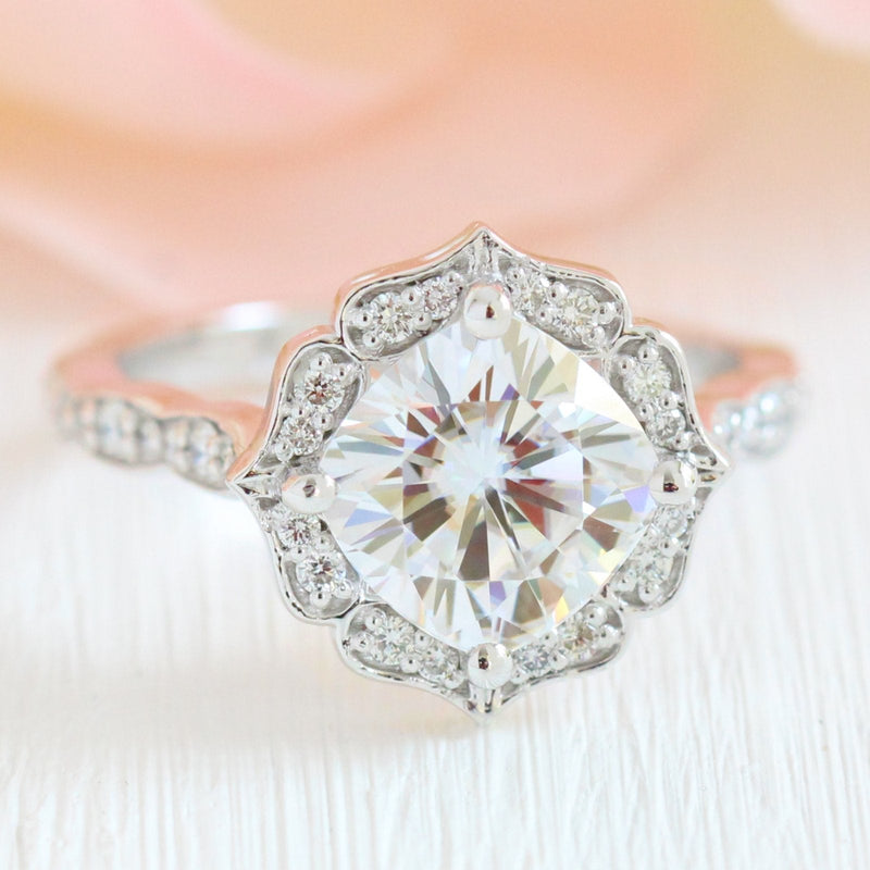 2.30CT Cushion Moissanite Vintage Halo Engagement Ring