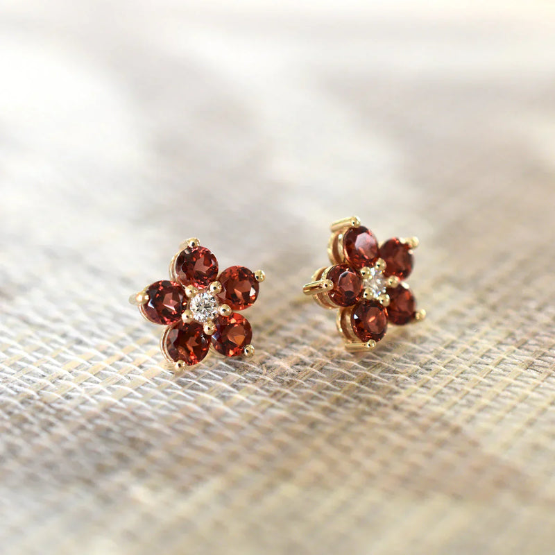 2.90CT Round Garnet Diamond January Birthstone Flower Studs