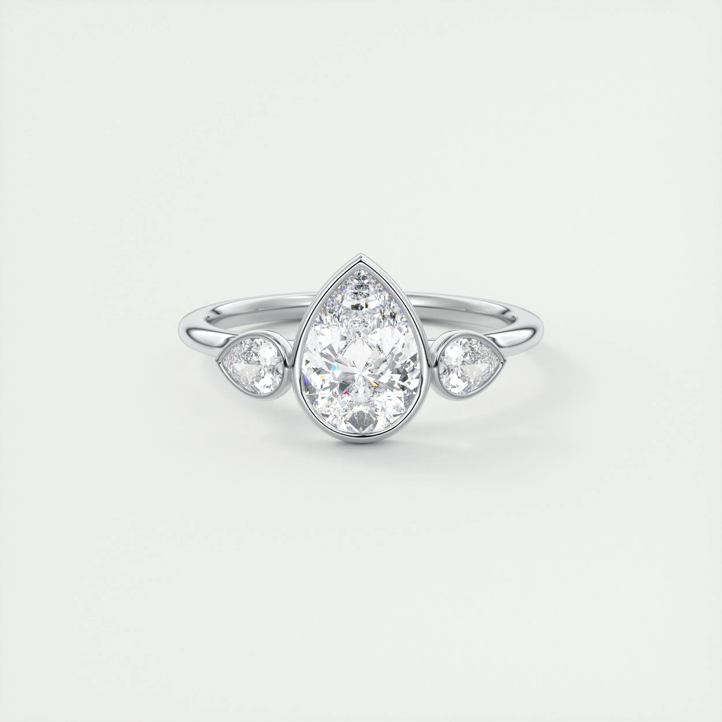 2.0 Ct Pear Bezel Three Stone Moissanite Diamond Engagement Ring