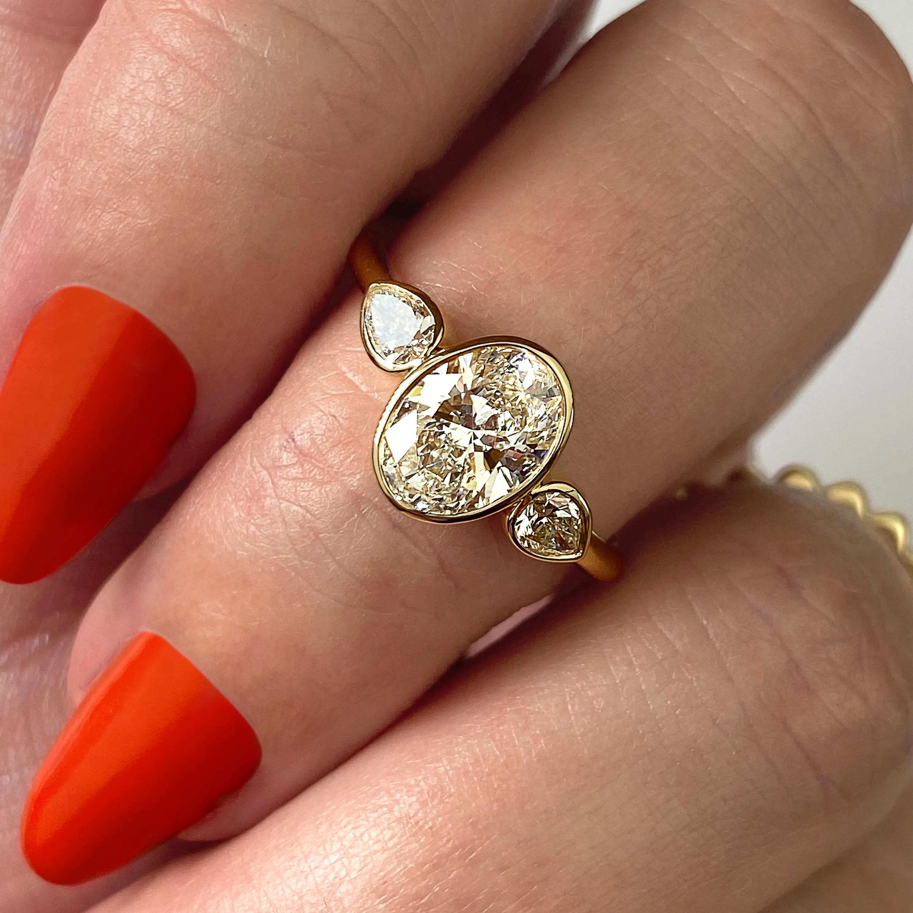 2.5 Ct Oval Pear Three Stone Bezel Moissanite Diamond Engagement Ring