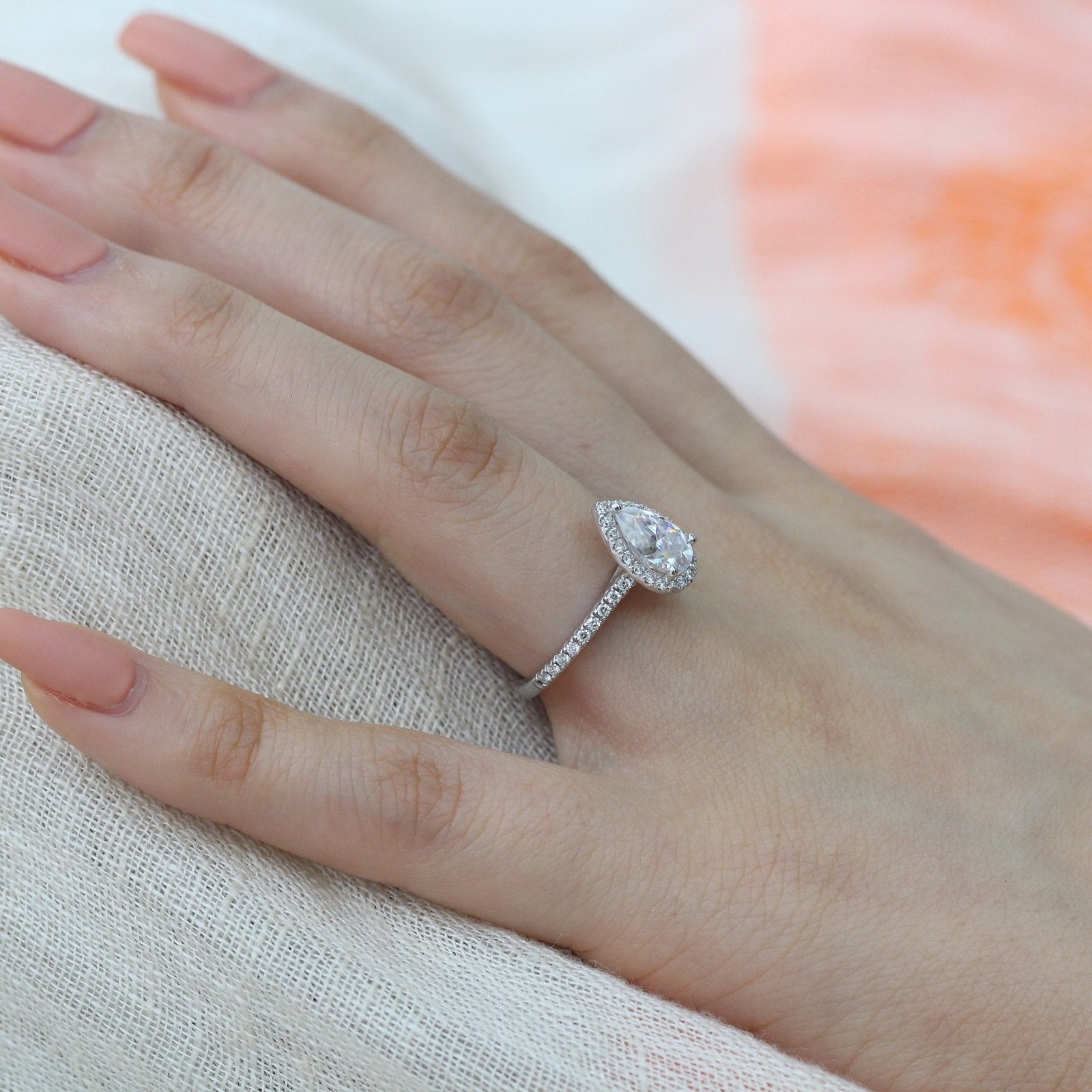 1.50CT Pear Cut Moissanite Halo Engagement Ring