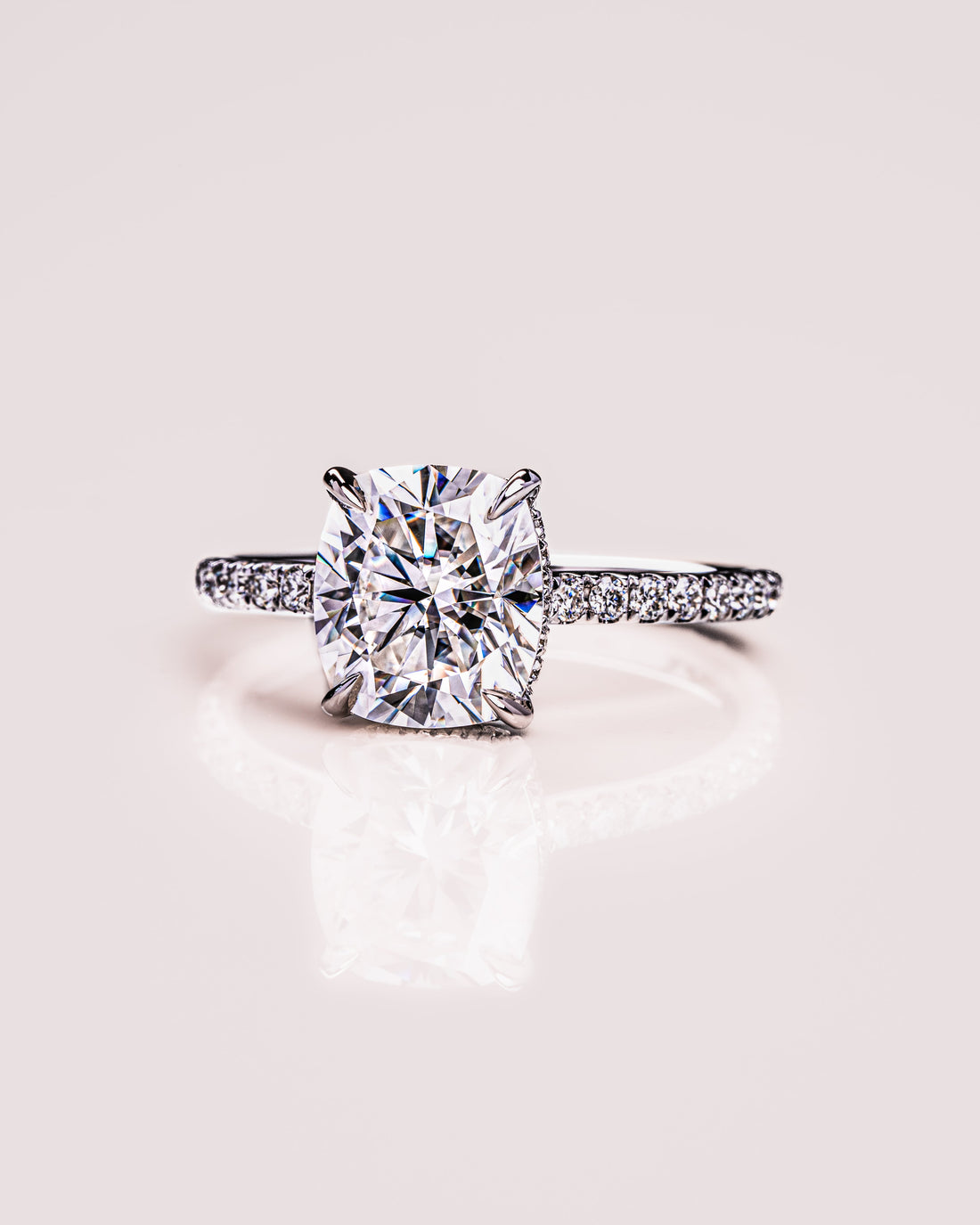 0.96-3.0 CT Cushion  CVD Diamond Hidden Halo Pave Setting Engagement Ring