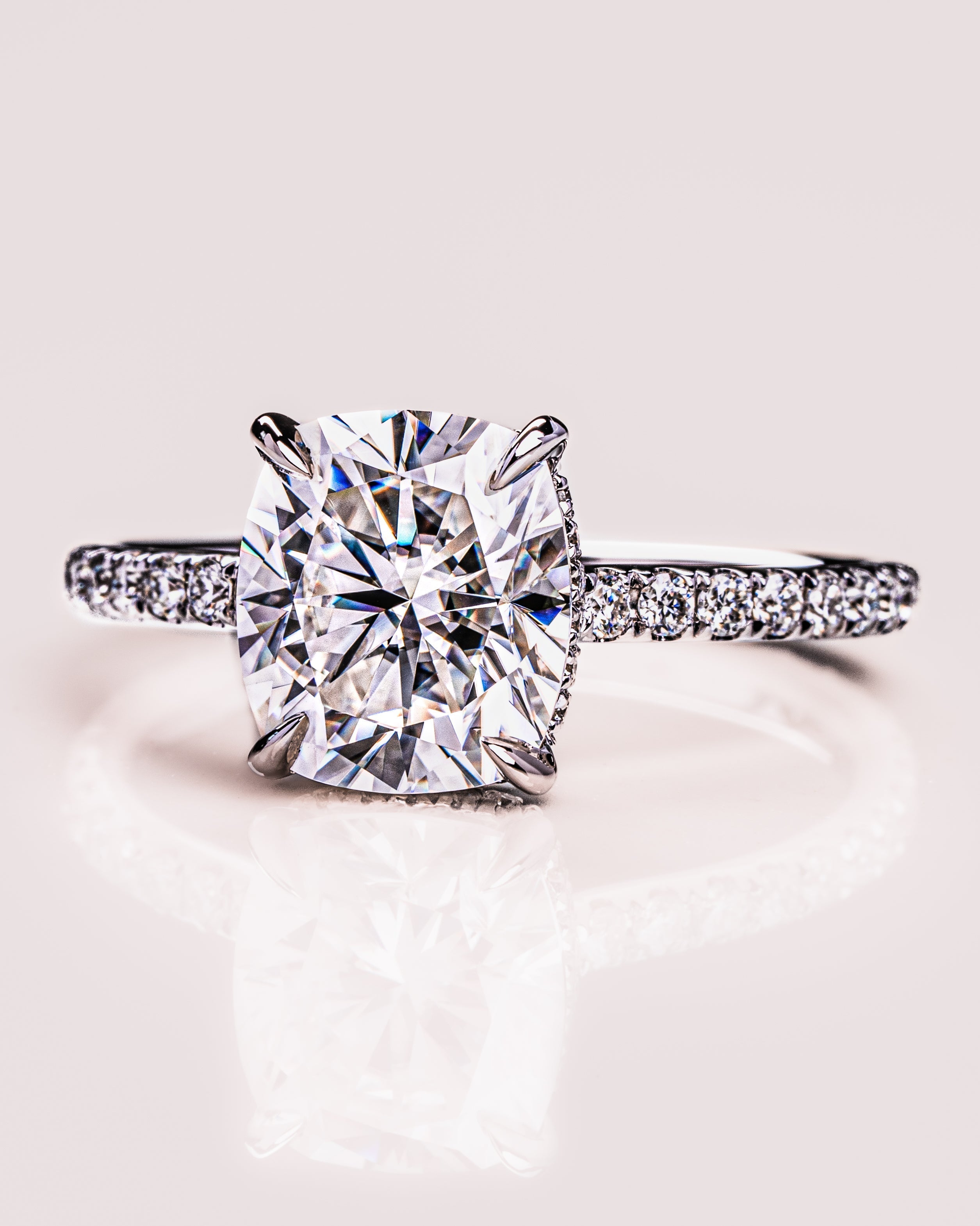 0.96-3.0 CT Cushion  CVD Diamond Hidden Halo Pave Setting Engagement Ring