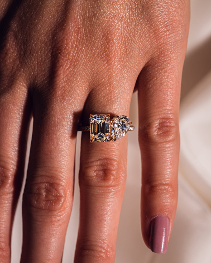 2.25 CT Emerald & Pear E/VS2 CVD Diamond Two Stone Engagement Ring