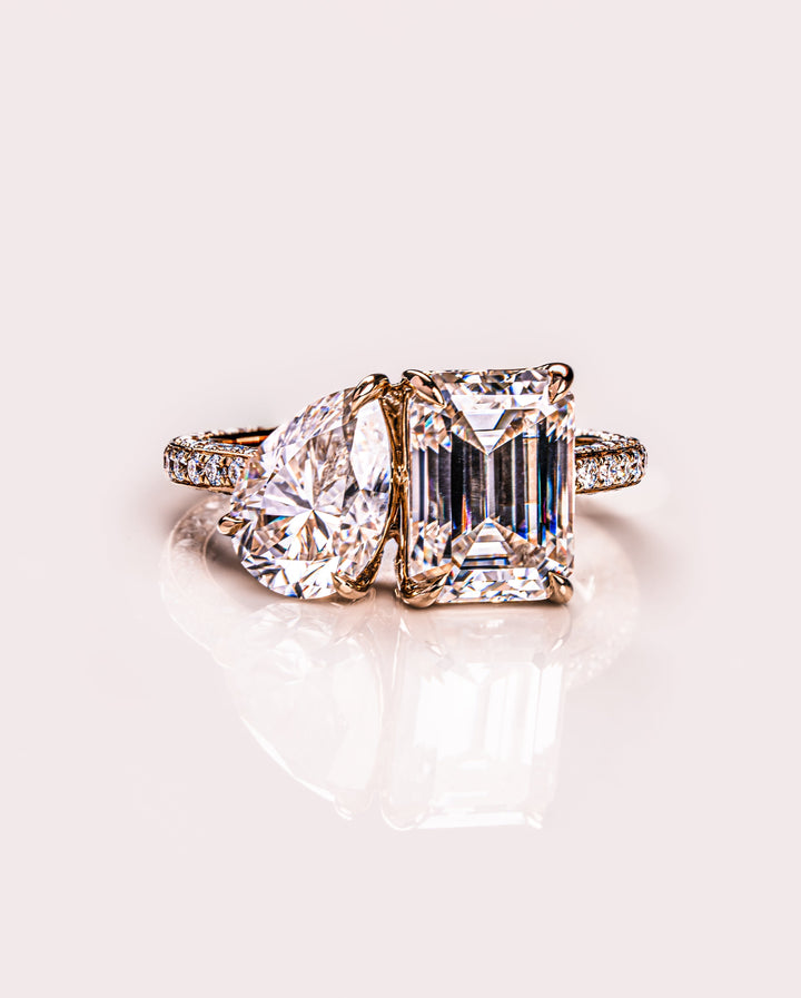 2.25 CT Emerald & Pear E/VS2 CVD Diamond Two Stone Engagement Ring