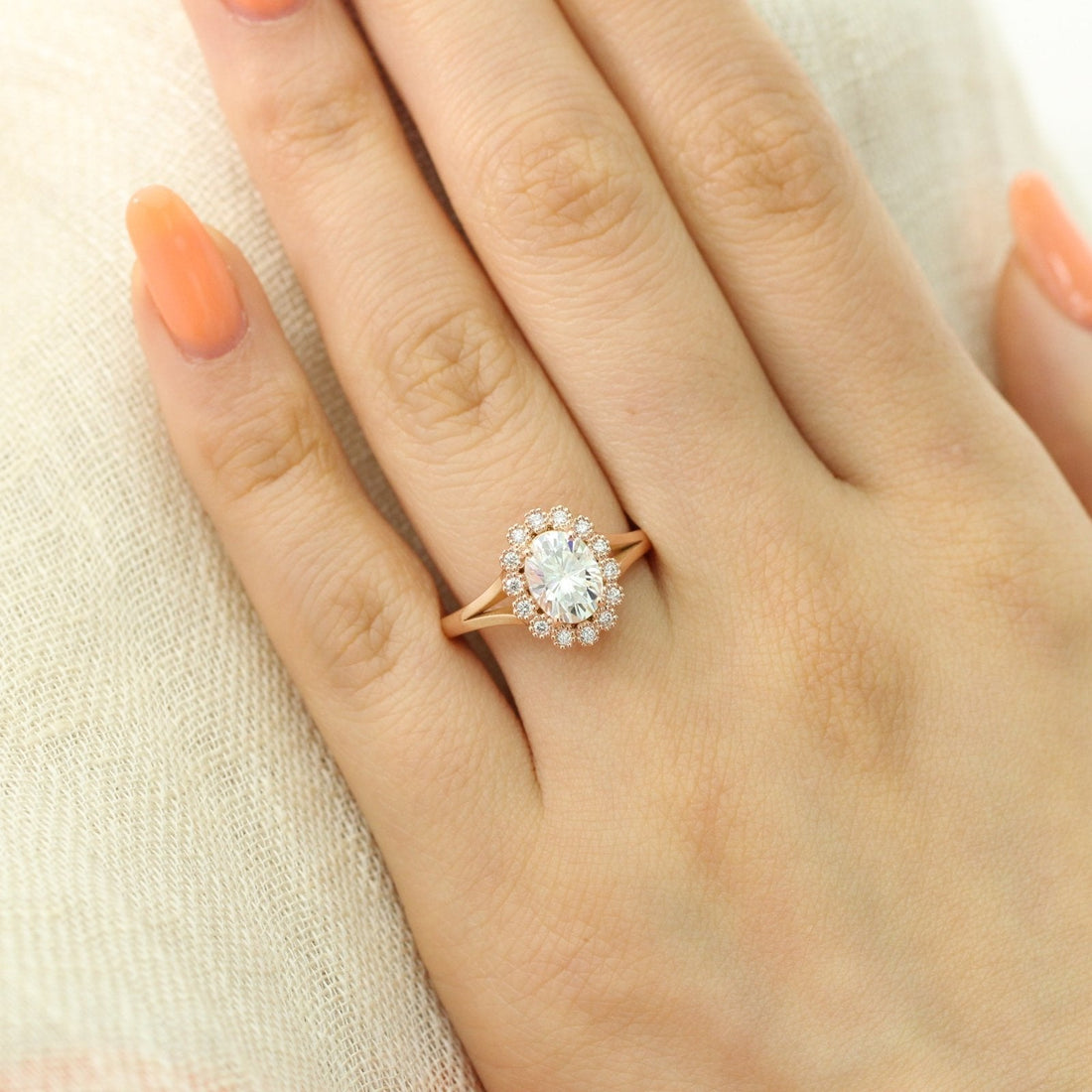 1.50CT Oval Cut Moissanite Halo Split Shank Style Engagement Ring