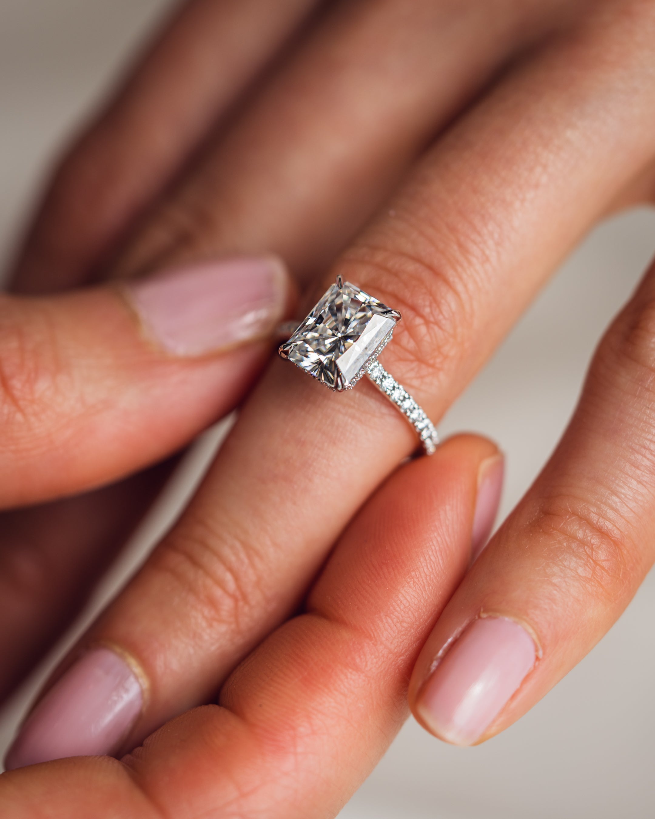 1.50 - 3.0 CT Radiant  CVD Diamond Hidden Halo Pave Setting Engagement Ring