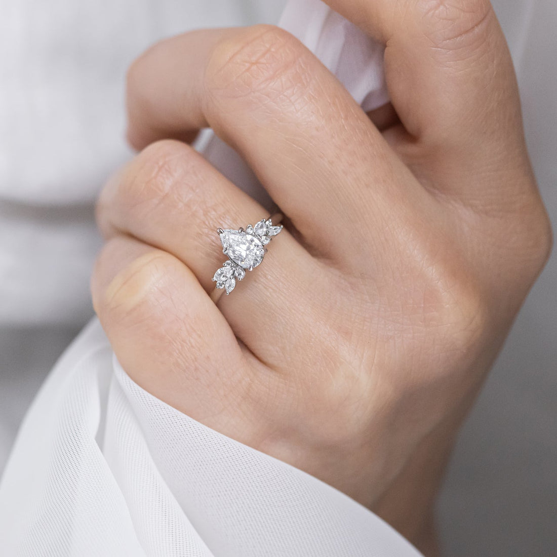 1.33CT Pear Cut Moissanite Cluster Engagement Ring