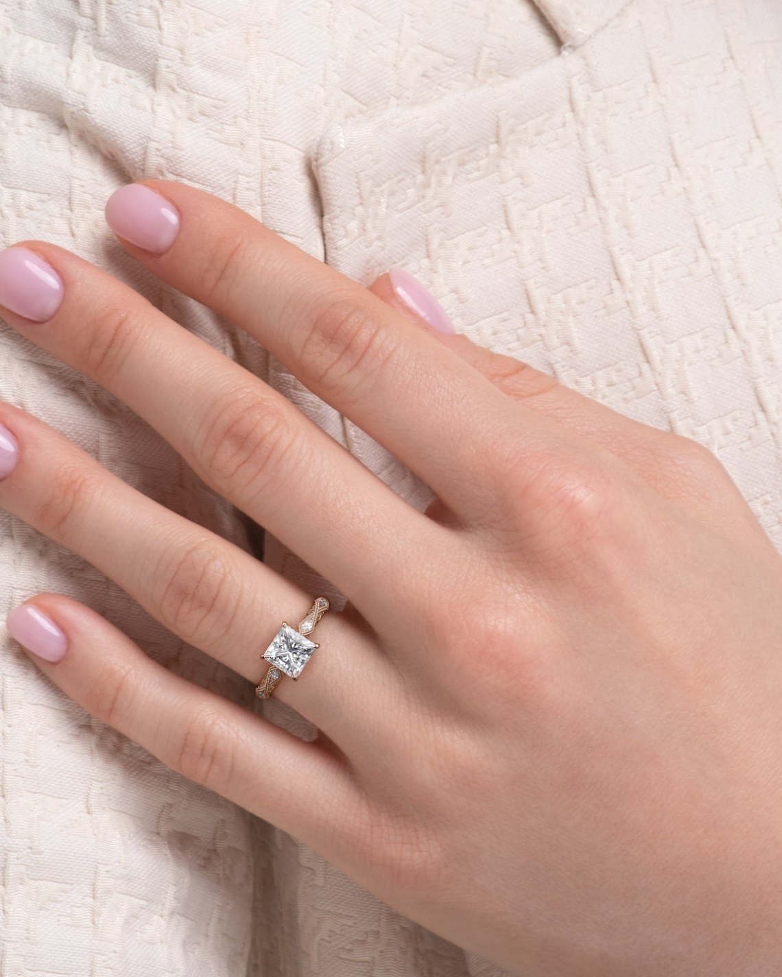 1.0- 3.0 CT Princess Cut CVD Diamond Vintage & Hidden Halo Engagement Ring