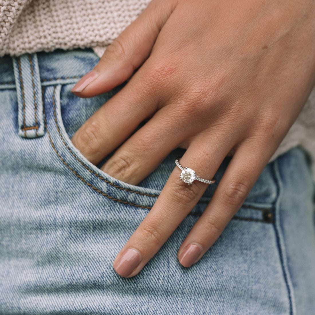 1.25ct Round Cut Hidden Halo Moissanite Diamond Engagement Ring