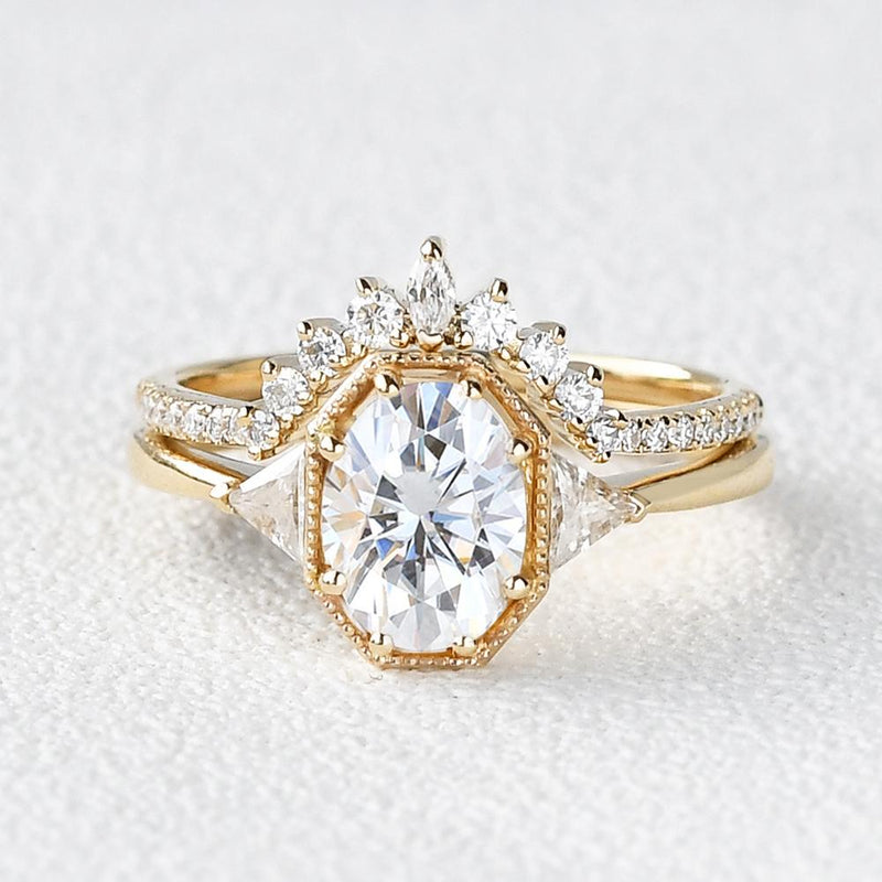 1.21CT Oval Moissanite 3 Stones Bridal Ring Set