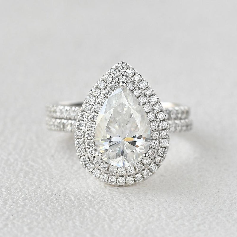 1.86CT Pear Cut Moissanite Double Halo Bridal Ring Set