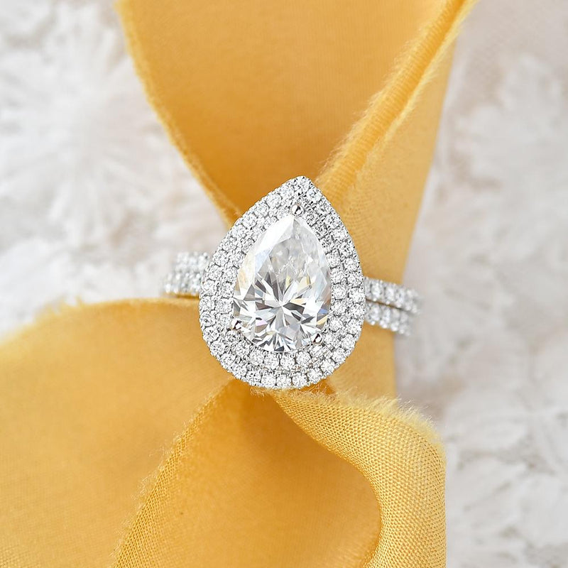 1.86CT Pear Cut Moissanite Double Halo Bridal Ring Set